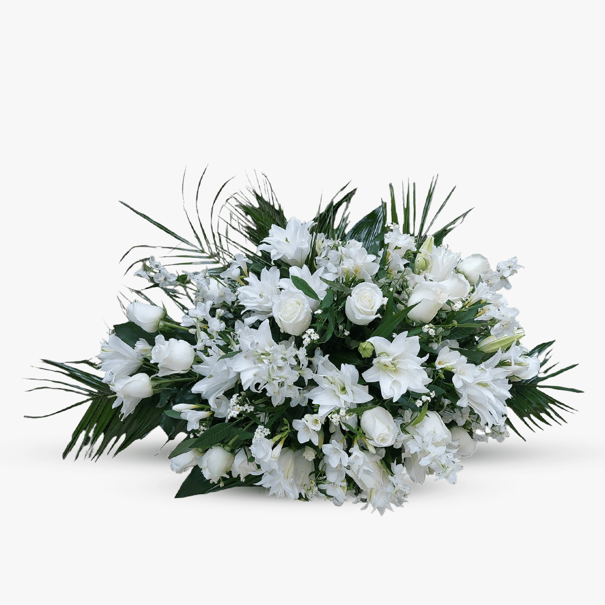 Aranjament funerar Alb Simplu cu 15 trandafiri albi, 5 crin alb, 10 frezii albe, 3 wax alb, 5 mathiolla alba